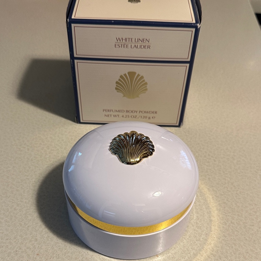 Estee Lauder White Linen Body Powder in White and Gold including puff and box